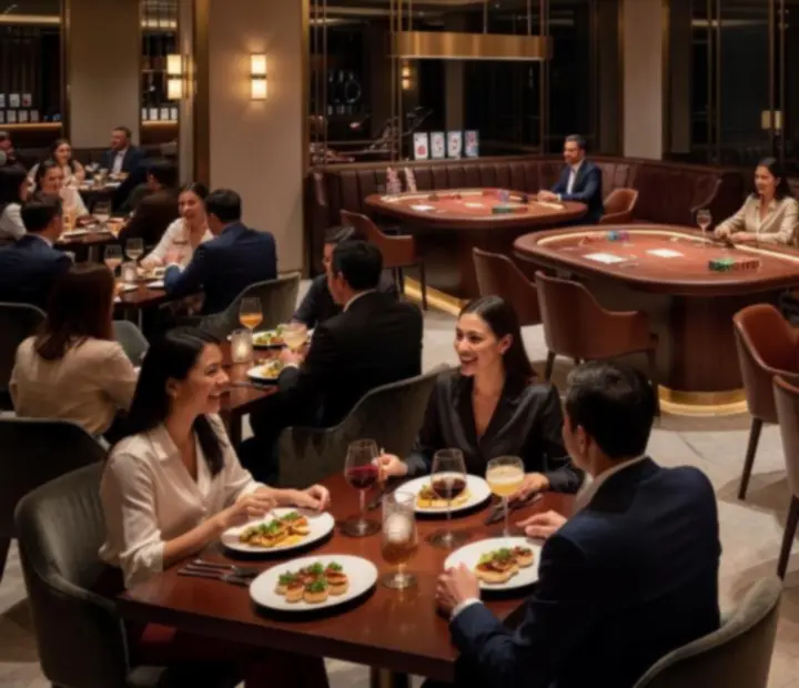 Restaurant guests dining beside a premium offline poker Card Lounge