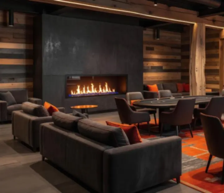 Industrial fire and timber Card Lounge interior at Ember & Odds with guests enjoying offline poker