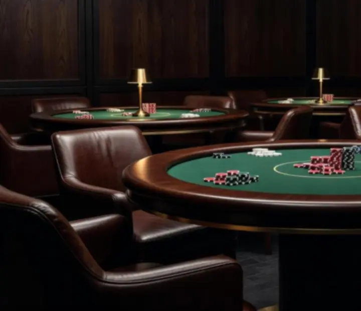 Card Lounge with timber poker tables, symbolic poker chips and guests gathered for offline poker