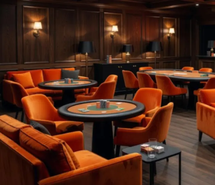 Dark timber poker card room with burnt orange accents at Ember & Odds