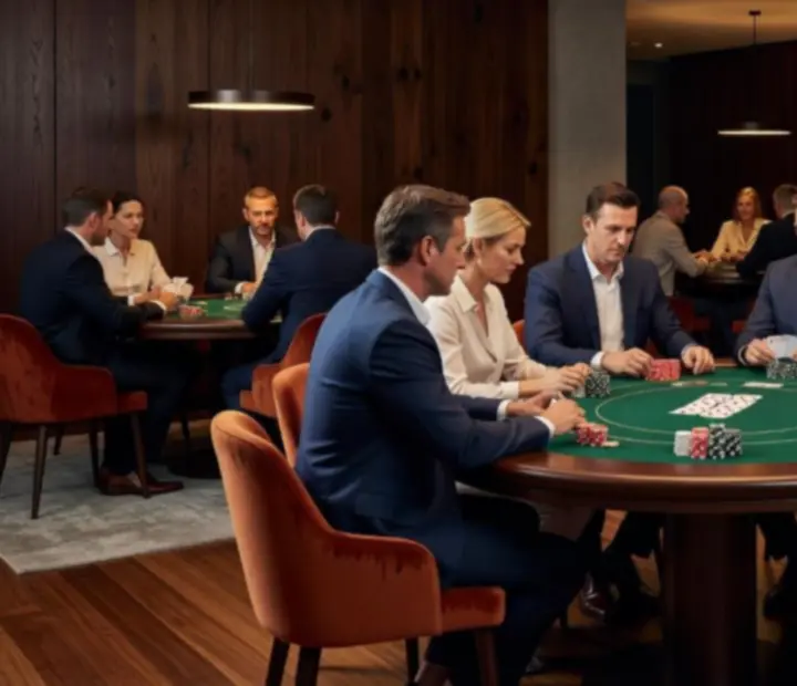 Corporate poker evening in a private card room with symbolic poker chips on the table