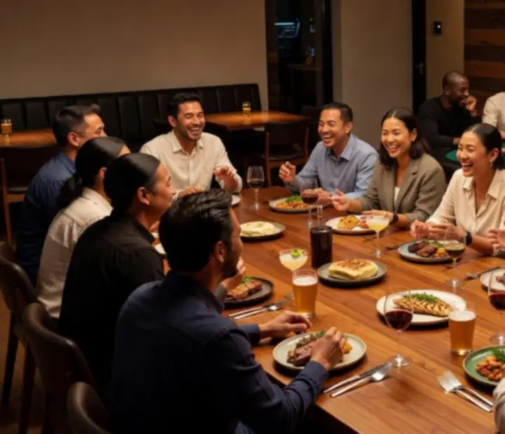 Guests enjoying dinner and offline poker around premium poker tables