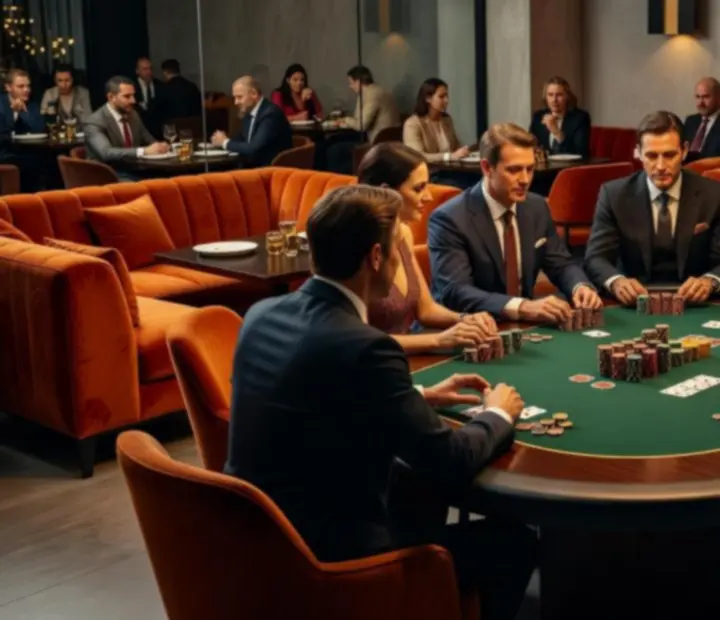Exclusive poker night with guests seated at timber poker tables