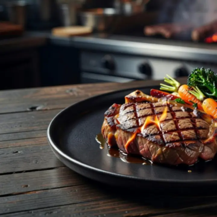 Flame-grilled Australian steak resting on a timber board