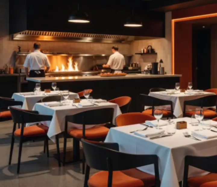 Contemporary industrial restaurant interior with timber, concrete and a refined card lounge setting