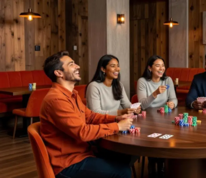 Guests gathered around poker tables in the Ember & Odds Card Lounge enjoying offline poker and social card games.