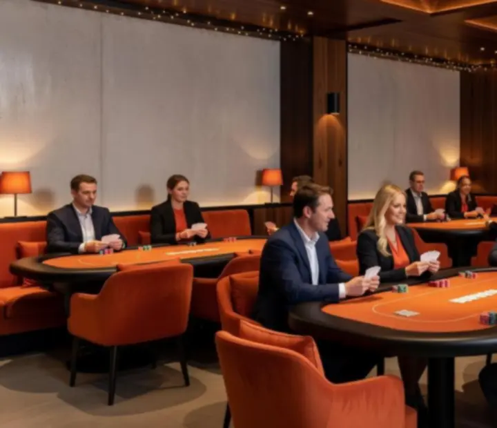 Softly lit card lounge with premium poker tables and guests enjoying offline poker.