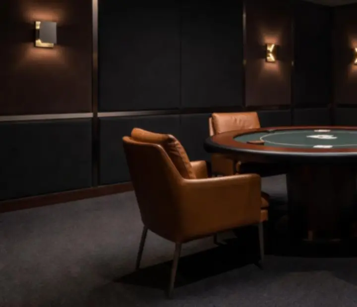 Private card room section in the Ember & Odds Card Lounge prepared for an intimate offline poker night.