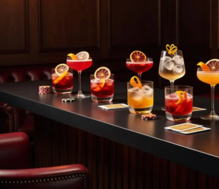 Signature cocktails on a timber bar with warm lighting