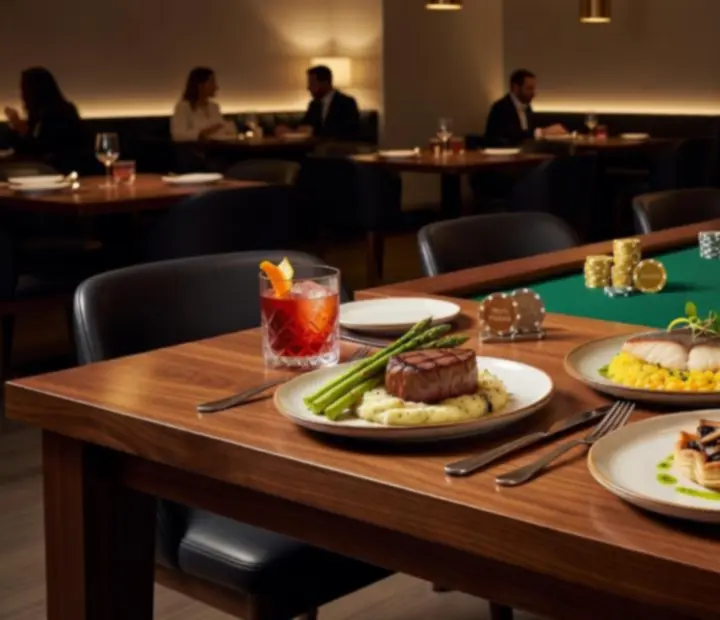 Signature food and drinks from Ember & Odds served alongside a poker table