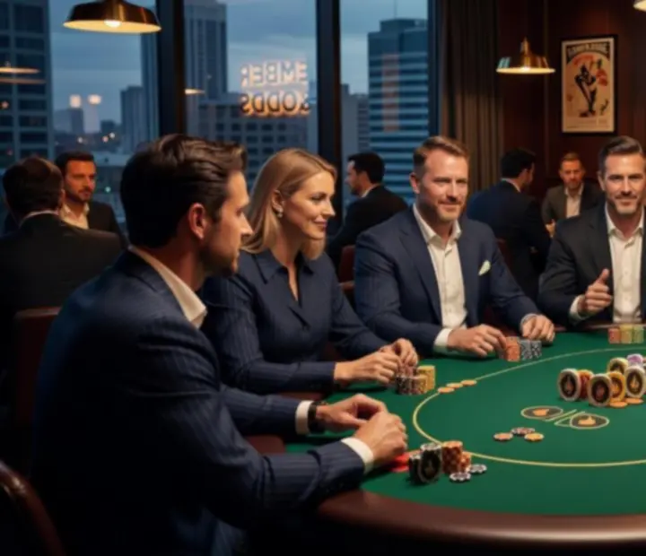 Guests gathered around poker tables for a Texas Hold'em offline poker session at Ember & Odds